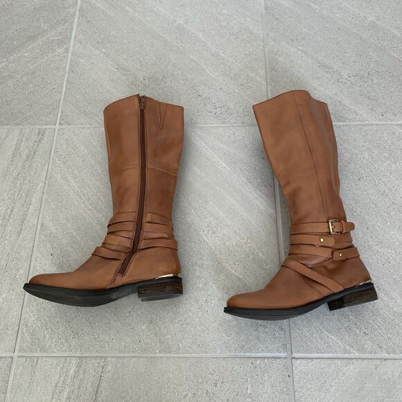 Steve Madden Albany Cognac Leather Belted Riding Boots Sz 8.5 - Picture 4 of 5